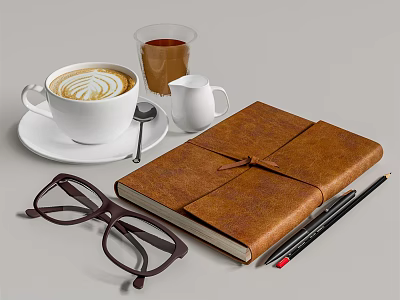 White Ceramic Coffee Cup With Latte Art Near Leather Notebook Eyeglasses And Pencils 3d model