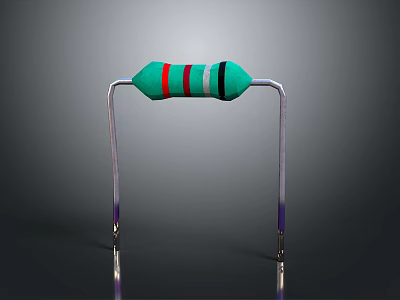 Green And Red Striped Resistor With Silver Metal Supports And Purple Ends On Black Background 3d model