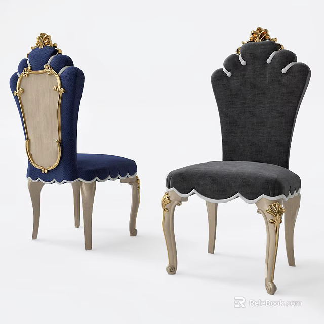 Elegant Accent Chairs Blue And Gray Upholstered With Gold Trim Light Wood Curved Legs 3d model 