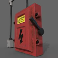 Industrial Equipment Red Control Enclosure With Black Support Arms And Lightning Warning Label