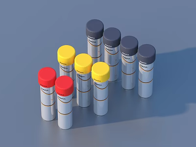 Red Yellow Gray Capped Cylindrical Household Bottles With Labels On Gray Background 3d model