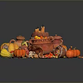 Orange Pumpkins Arranged With Clay Pots Autumn Leaves And Ram's Horn On Dark Surface