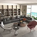 Modern Black Leather Sofa Coffee Table Set With Round Tables Red Accent Chair Bookshelf Backdrop