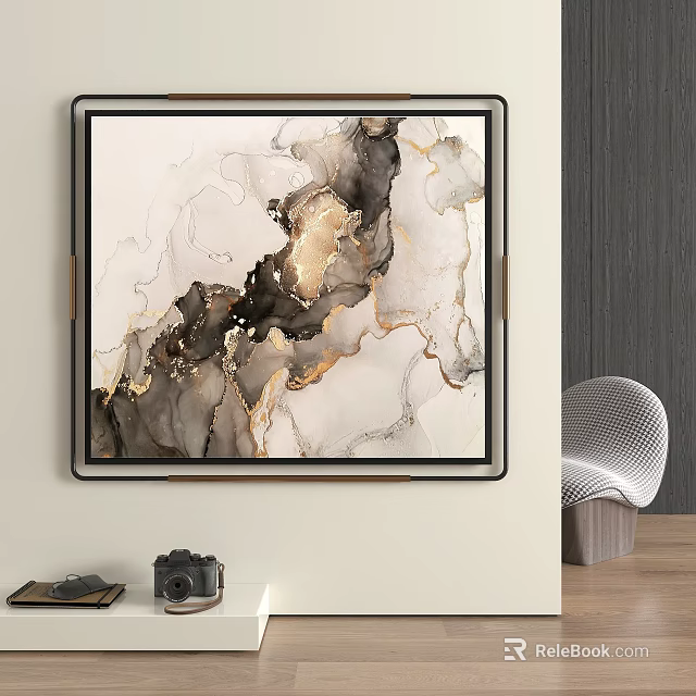 Modern Abstract Painting With Gold Black White Fluid Texture Framed Wall Art 3d model 
