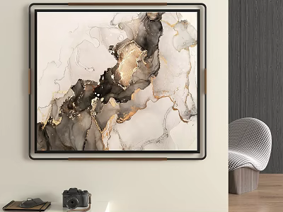 Modern Abstract Painting With Gold Black White Fluid Texture Framed Wall Art 3d model