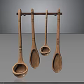 Four Decorative Wooden Spoons Hanging On Wall Mounted Rack For Kitchen Utensil Storage And