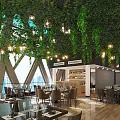 Lush Greenery Restaurant Interior With Hanging Pendant Lights Large Windows Dining Tables And Wooden Floor