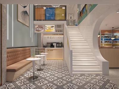 Elegant Modern Restaurant Interior With White Staircase Leather Booth And Patterned Tiles 3d model