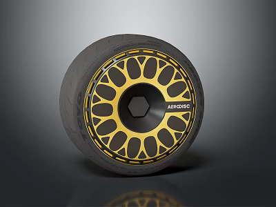 AEZORIC Automotive Black Tire With Golden Wheel Rim Hexagonal Center And Hollow Petal Design 3d model