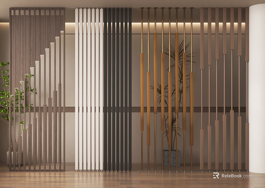 Modern Vertical Slat Room Divider In Neutral Warm Tones With Potted Plant And Wooden Flooring 3d model 