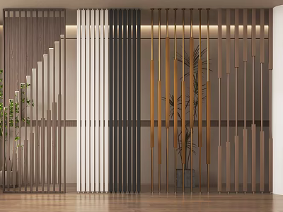 Modern Vertical Slat Room Divider In Neutral Warm Tones With Potted Plant And Wooden Flooring 3d model