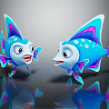 Cartoon Characters With Two Blue Fish Featuring Purple Pink Fins And Smiling Faces