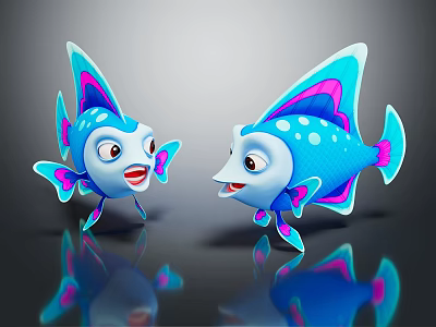 Cartoon Characters With Two Blue Fish Featuring Purple Pink Fins And Smiling Faces 3d model