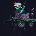 Cartoon Scene With 24h Cafe Neon Sign Green Guitar Old House And Platform Steps