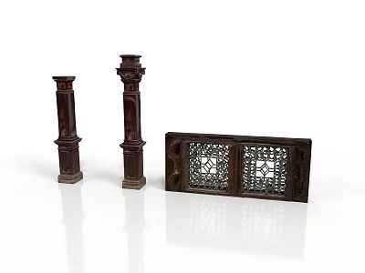 Architectural Decorative Elements With Dark Wooden Carved Columns And Ornate Window Grille 3d model