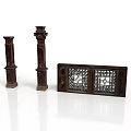 Architectural Decorative Elements With Dark Wooden Carved Columns And Ornate Window Grille