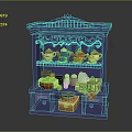 Purple Carved Cabinet With Decorative Vines Displaying Teapots Cups Fruits Bottles Tableware And Box