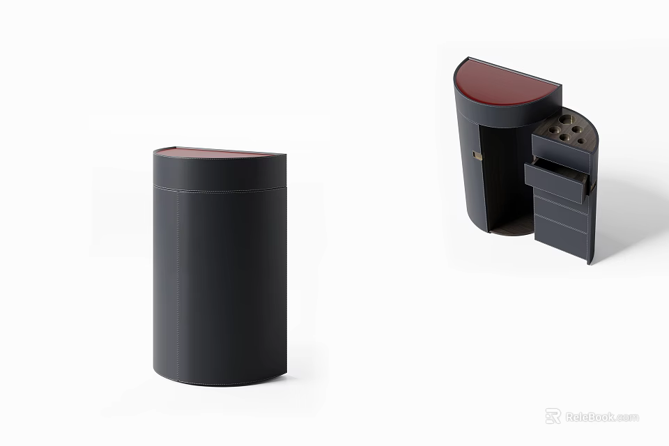 Modern Cylindrical Decorative Cabinet With Black Body Red Top And Open Storage Compartments 3d model 
