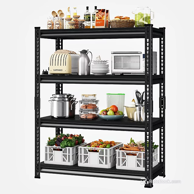 Black Multi Tier Kitchen Storage Shelf with Toaster Microwave Dishes and Vegetable Crates 3d model 