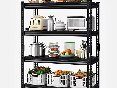 Black Multi Tier Kitchen Storage Shelf with Toaster Microwave Dishes and Vegetable Crates 3d model