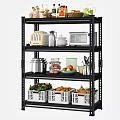 Black Multi Tier Kitchen Storage Shelf with Toaster Microwave Dishes and Vegetable Crates 3d model