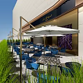 Elegant Modern Restaurant Outdoor Seating With White Umbrellas Blue Chairs And Marble Tables