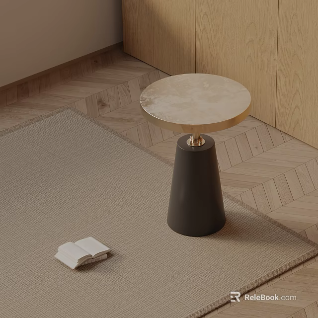 Modern Side Table With Marble Top And Black Conical Base On Rug 3d model 