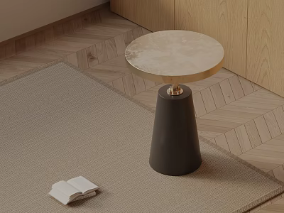 Modern Side Table With Marble Top And Black Conical Base On Rug 3d model