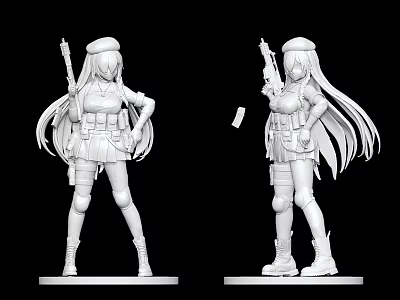 Game Movie Female Character 3D Model With Military Uniform Long Hair And Rifle 3d model