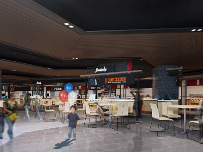 Modern Restaurant Interior Design With Open Seating Area And Customers Dining 3d model