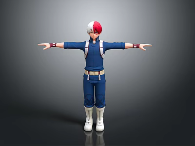 3D Character Model With Red White Hair Blue Jumpsuit White Boots Red Wristbands Arms Outstretched 3d model