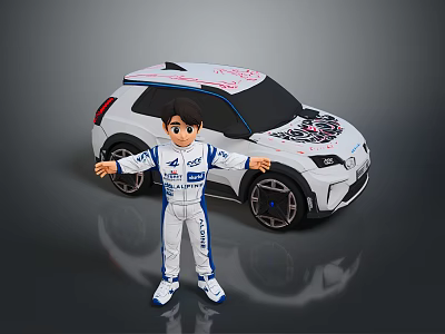 Cartoon Racer Character In Racing Suit Standing By White Car With Graphics And Alloy Wheels 3d model