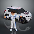 Cartoon Racer Character In Racing Suit Standing By White Car With Graphics And Alloy Wheels