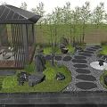 Tranquil Courtyard Garden With Black Pavilion Green Lawn Stone Stepping Path And Lanterns