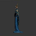 A Woman In Blue Robe With Golden Sunburst Headdress And Classical Statue Design
