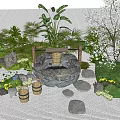 Traditional Japanese Karesansui Garden With Stone Lantern Bamboo Buckets And Cherry Blossom Tree