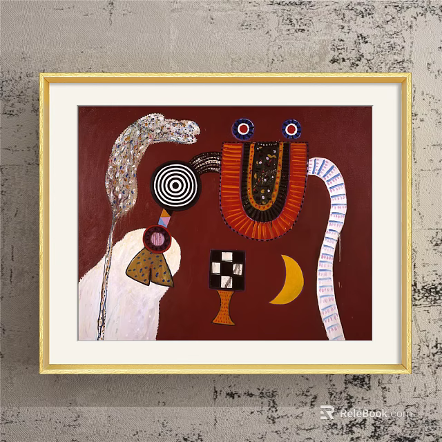 Golden Framed Abstract Artwork With Red Background Spiral Pattern Eye Motifs And Moon Shape 3d model 