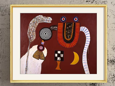 Golden Framed Abstract Artwork With Red Background Spiral Pattern Eye Motifs And Moon Shape 3d model