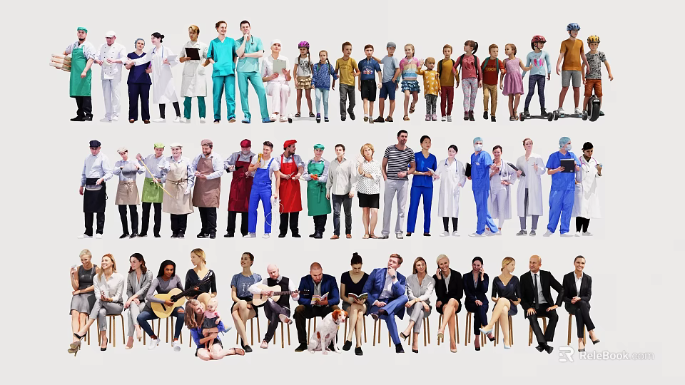 Diverse Group of People From Various Professions Standing and Sitting Together 3d model 