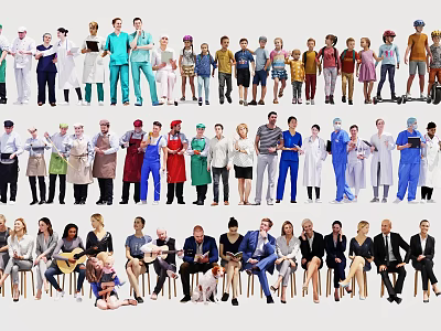 Diverse Group of People From Various Professions Standing and Sitting Together 3d model