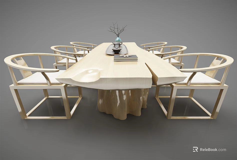 Light Colored Wooden Dining Table Set With Tree Stump Base And Armchairs 3d model