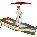 Traditional Wooden Boat with Person in Traditional Attire Holding Umbrella and Oar