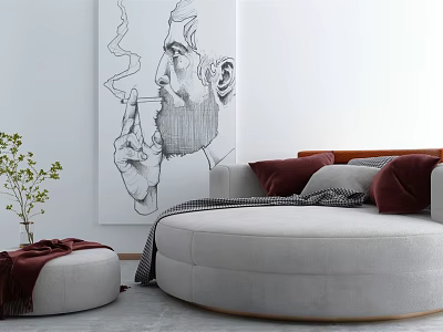 Unique Shaped Curved Light Gray Sofa With Red Gray Cushions Green Plant And Ottoman 3d model