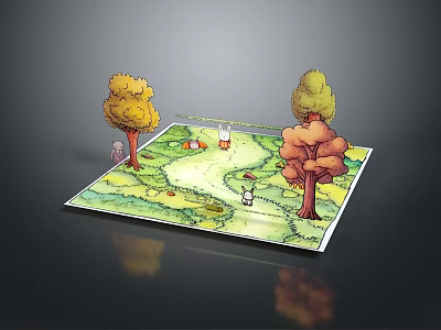 Cartoon Scene with Colorful Trees Green Grass Path and Small White Rabbit 3d model
