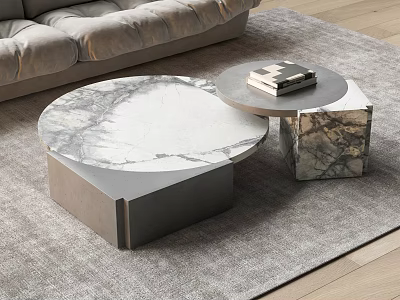 Modern Circular Coffee Table With Marble Top Gray Base And Stack Of Books 3d model