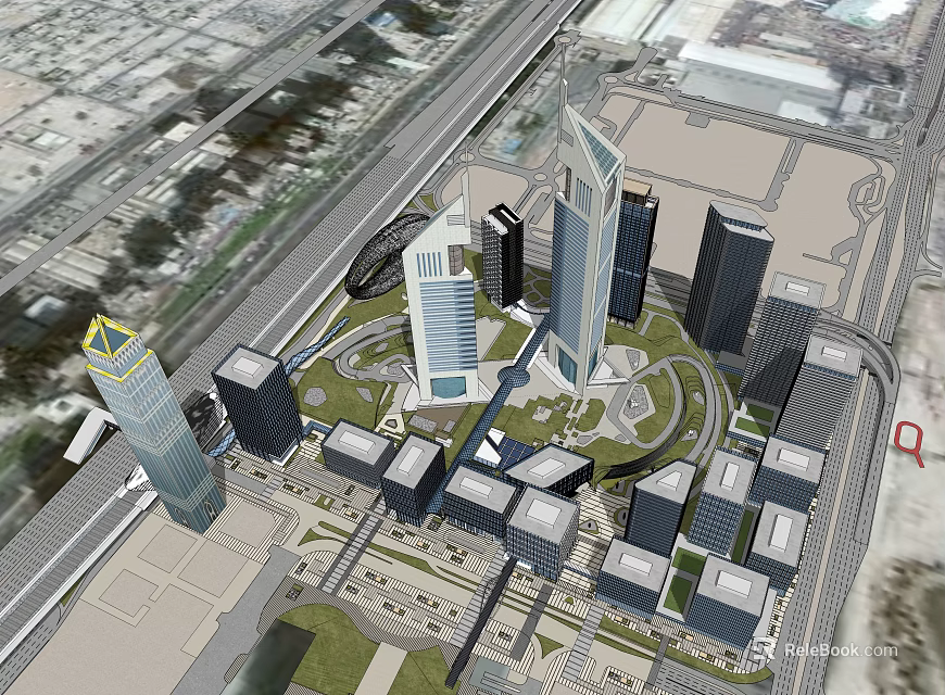 Modern High Rise Office Buildings in Urban Development With Green Areas and Roads 3d model 