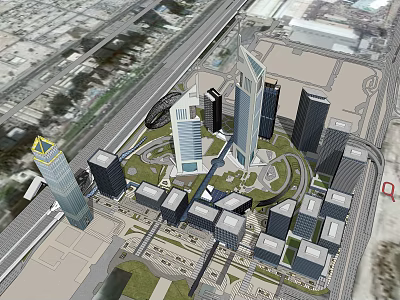 Modern High Rise Office Buildings in Urban Development With Green Areas and Roads 3d model