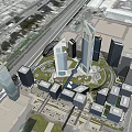 Modern High Rise Office Buildings in Urban Development With Green Areas and Roads