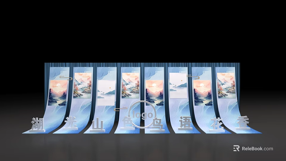 Scenic Landscape Scrolls Backdrop Blue Themed Photo Check In Spot Decor 3d model 