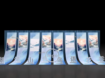 Scenic Landscape Scrolls Backdrop Blue Themed Photo Check In Spot Decor 3d model